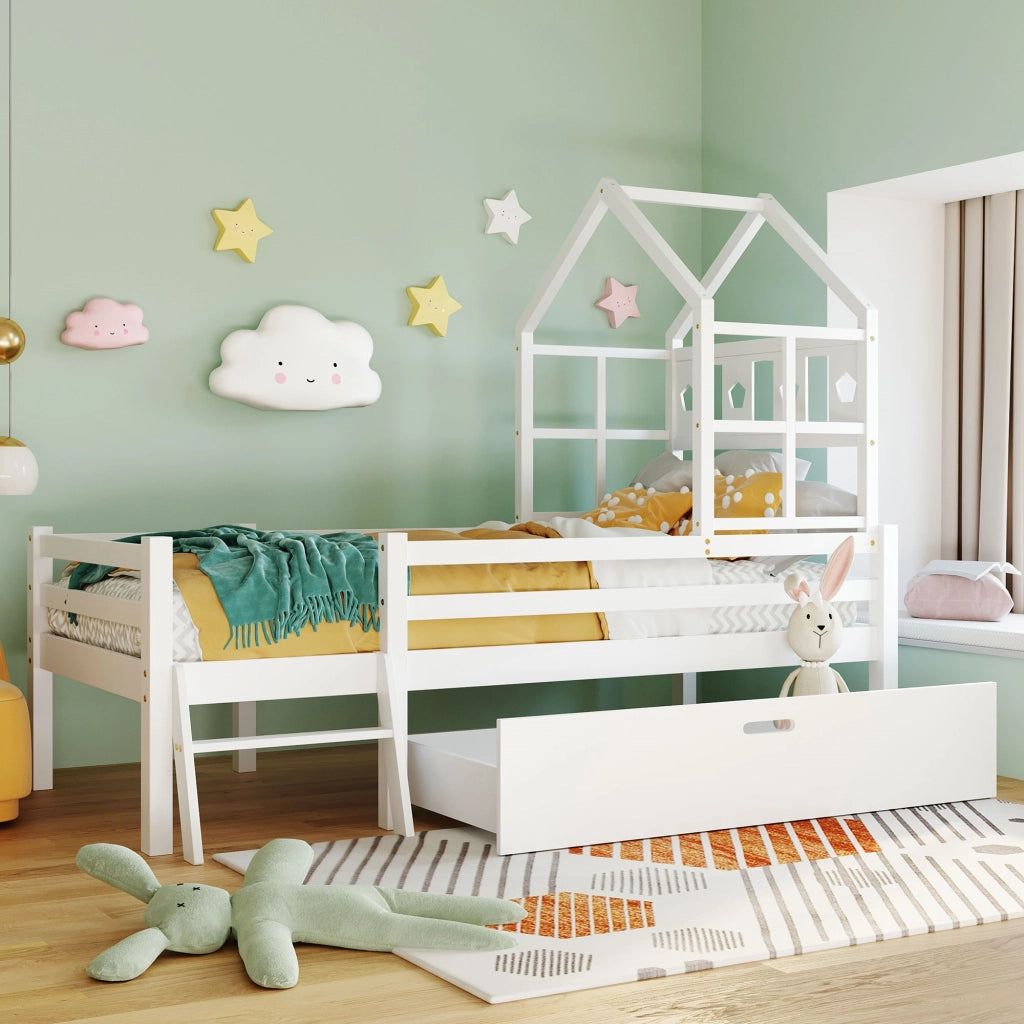 Letto per bambini a soppalco bianco 90x200 cm con scala