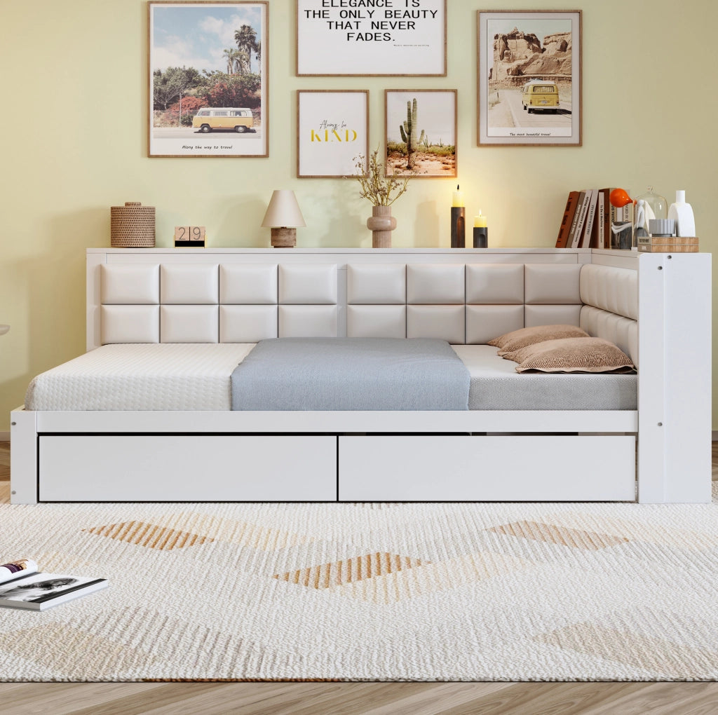 Letto trasformabile 140x200 cm con schienale imbottito e 2 cassetti; bianco