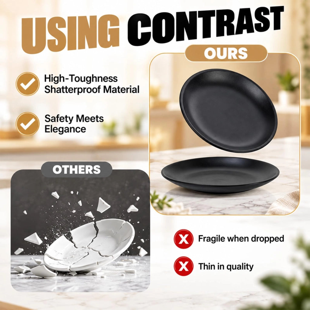 Set di 10 piatti in plastica nera, 15 × 15 × 2,5 cm, piatti da campeggio