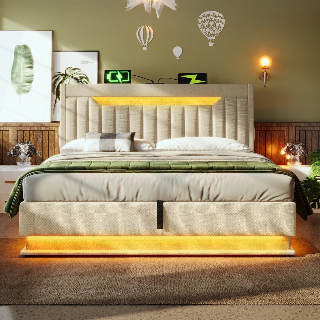 Letto contenitore 140x200 cm beige con luci LED
