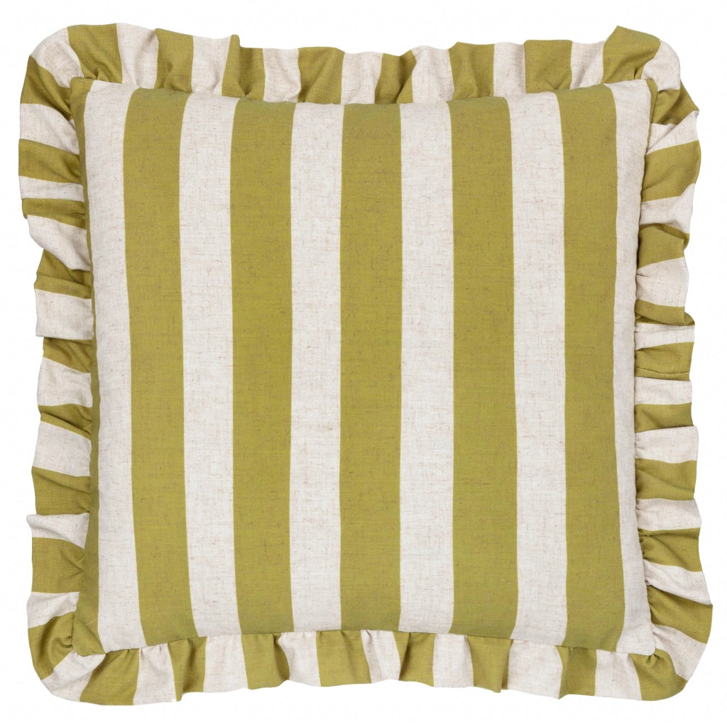 Custodia per cuscino a righe e con balze, in lino/verde oliva, 50x50 cm