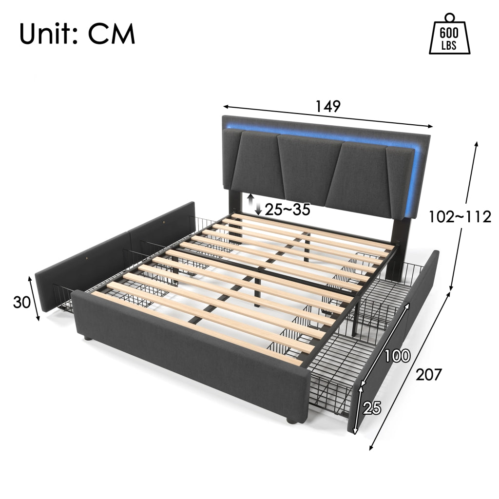Letto contenitore con 4 cassetti grigio 140x200 cm