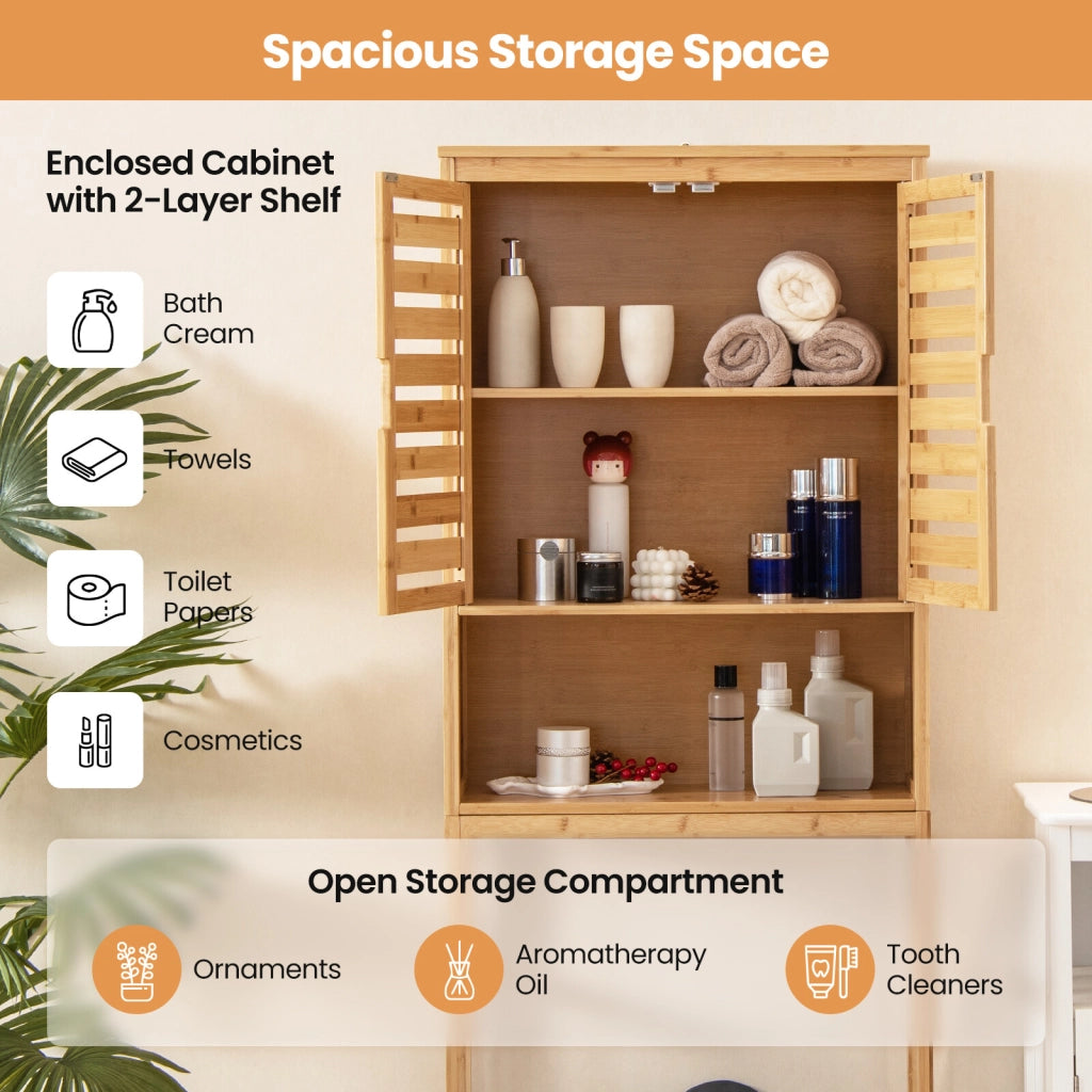 Bamboo Toilet Cabinet with 2 Slatted Doors & Open Shelf & Adjustable Crossbar