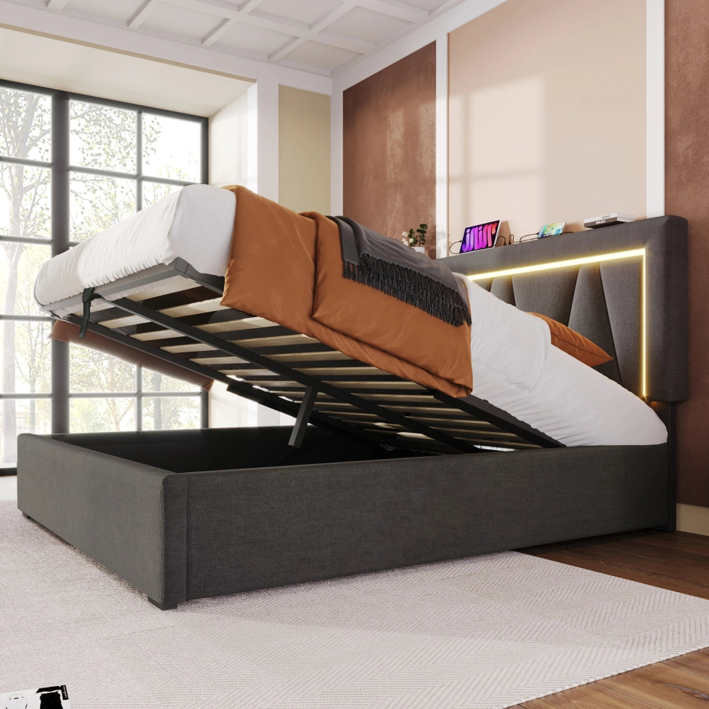 Letto Contenitore 160 x 200 cm, Matrimoniale - USB, Tipo C e LED Regolabile - Grigio
