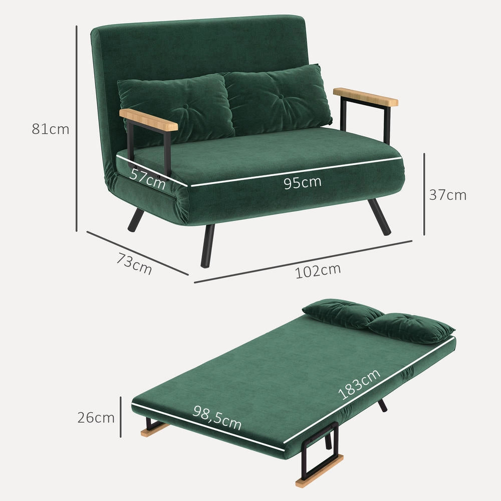 Divano letto 4 in 1 a 2 posti in tessuto effetto velluto verde 183x98,5cm, schienale regolabile salvaspazio per casa