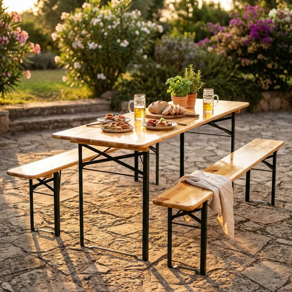 Set Birreria con Tavolo e Panche Pieghevoli in Legno e Acciaio Setbrewery Marrone