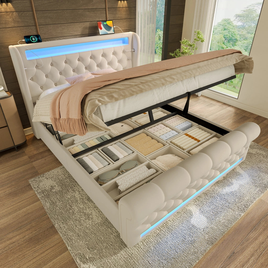 Letto matrimoniale contenitore 140 × 200 cm in velluto beige con LED USB e Type-C