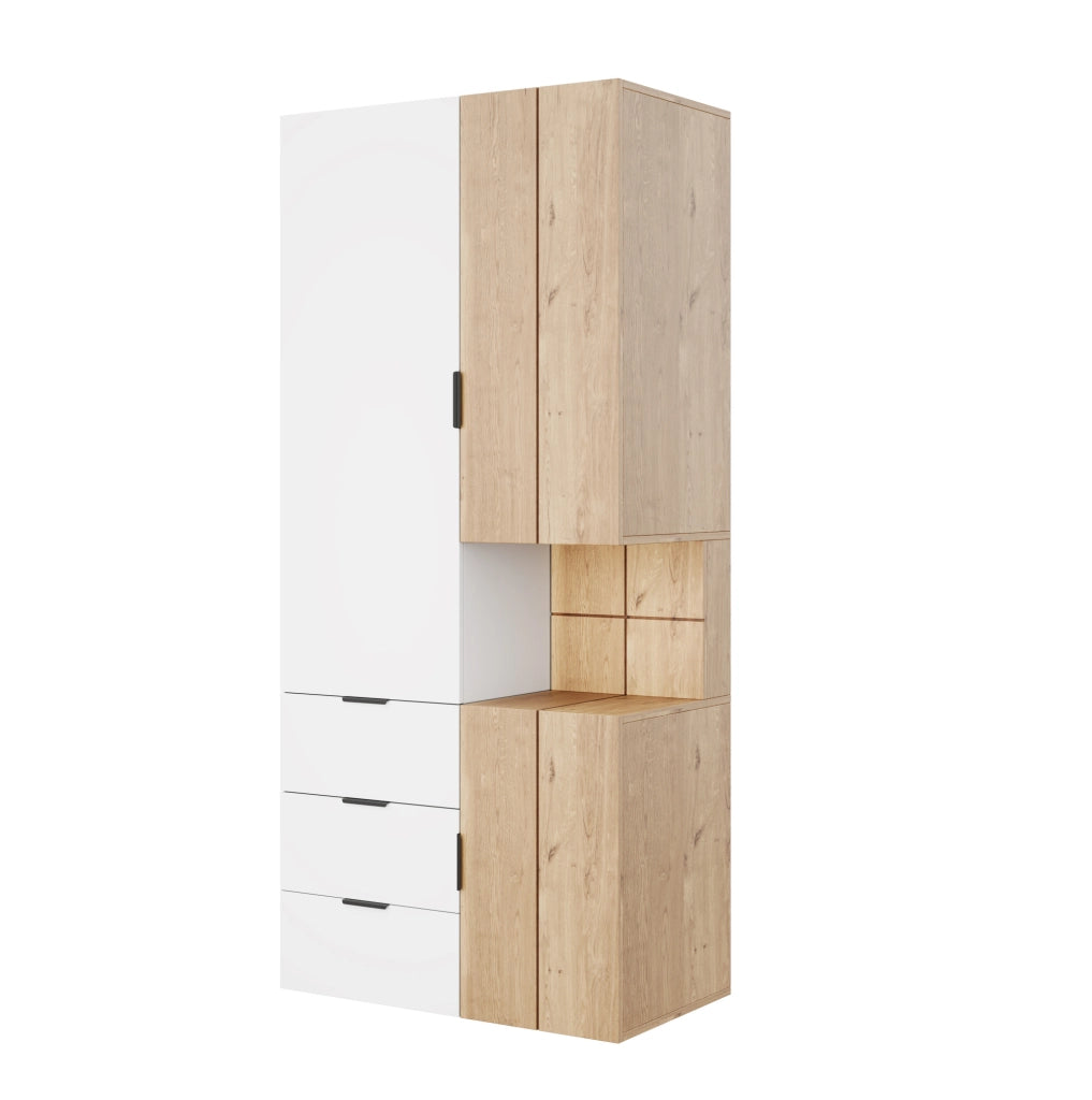 Armadio 90x49x200 cm bianco e rovere in MDF; 4 cassetti e luce LED