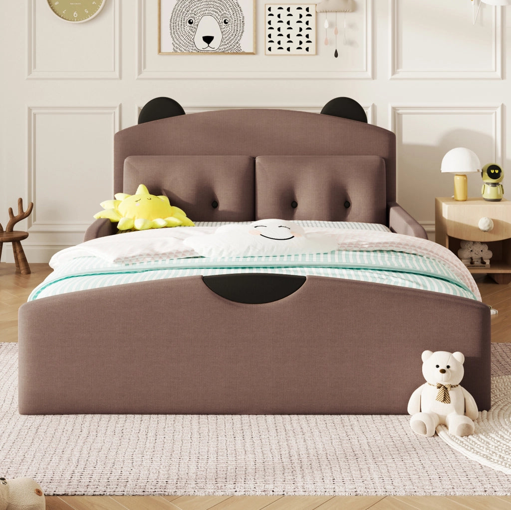 Letto 140x200 cm con testiera orsetto in lino color caffè