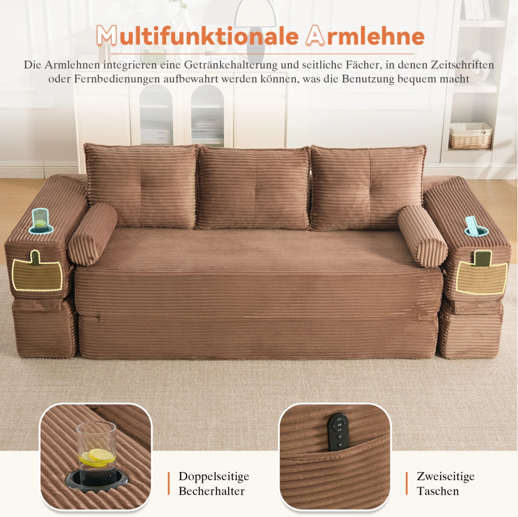 DIVANO letto 232x98x80 cm in velluto a coste marrone