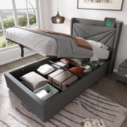 Letto con contenitore 90x200 grigio con testiera USB e Tipo C