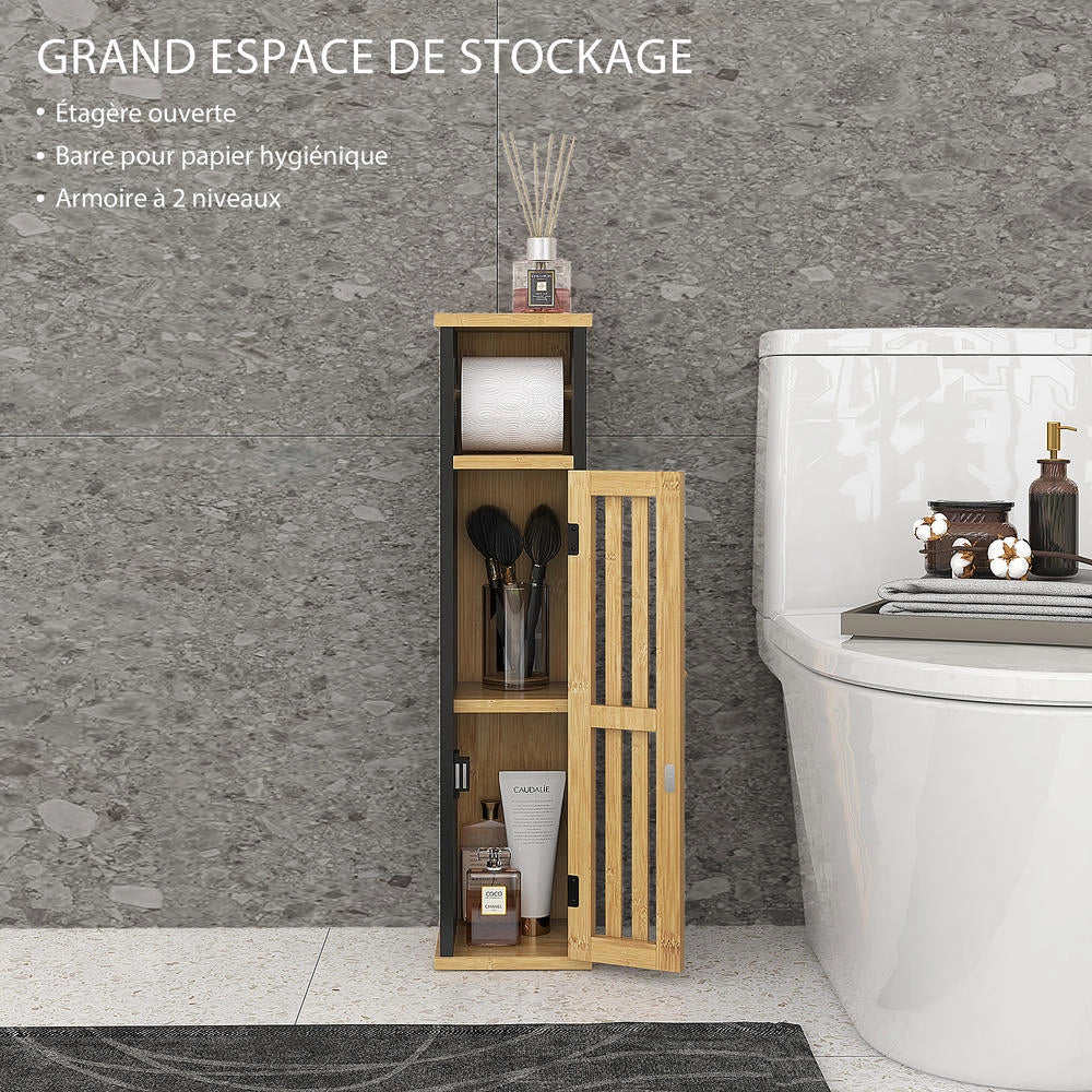 Mobile Bagno da Terra con Portarotolo in MDF e Bambù 2 Ripiani Salvaspazio Mobiletto WC Compatto e Pratico