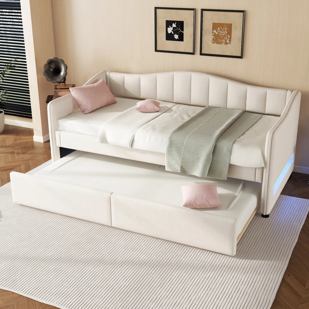Letto singolo 90x200 cm con letto estraibile beige
