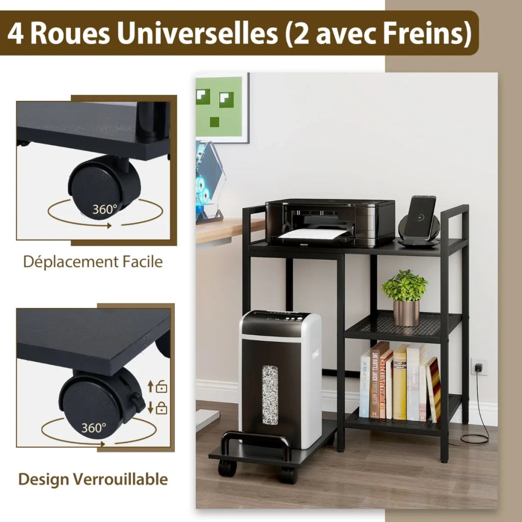 Printer Stand with Charging Station, 3-Tier Printer Table with Storage Shelves, Mobile Stand, Black