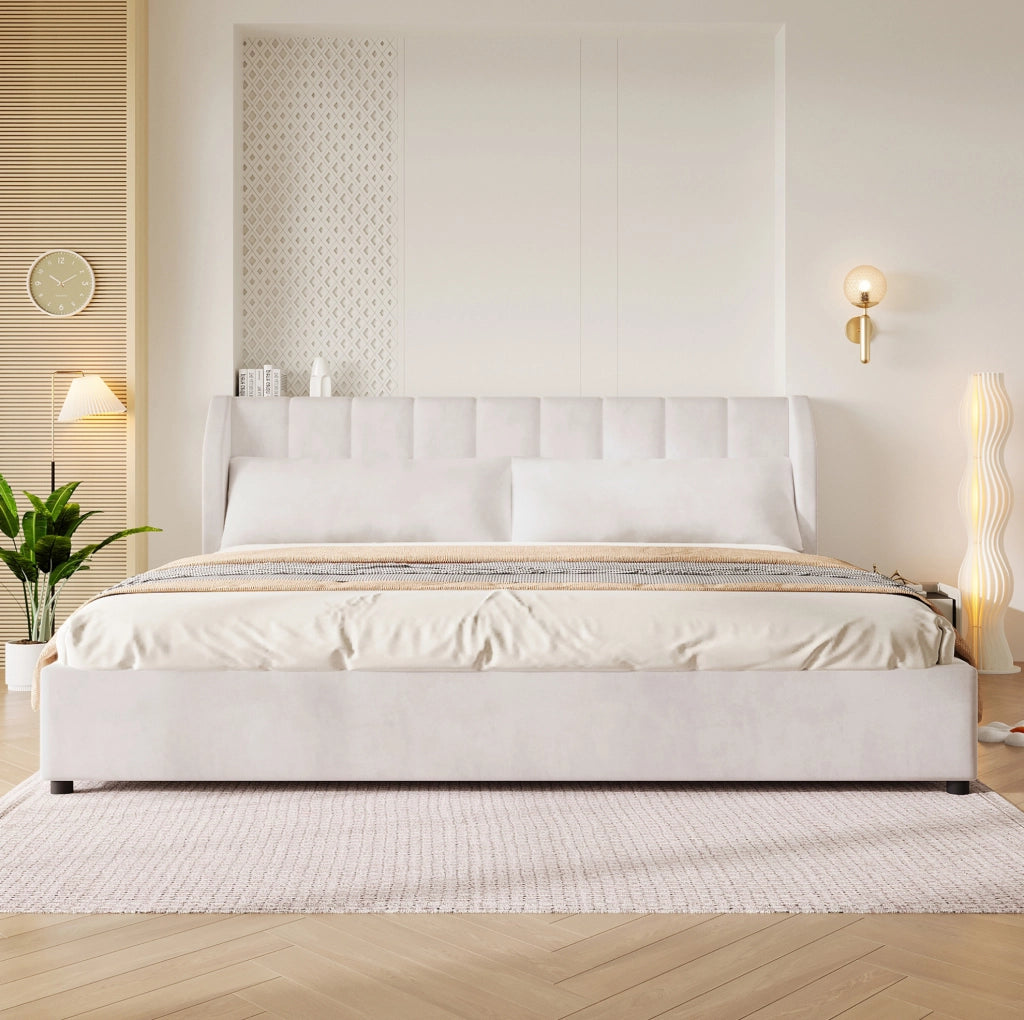 Letto matrimoniale imbottito beige 180x200 cm con rete a doghe