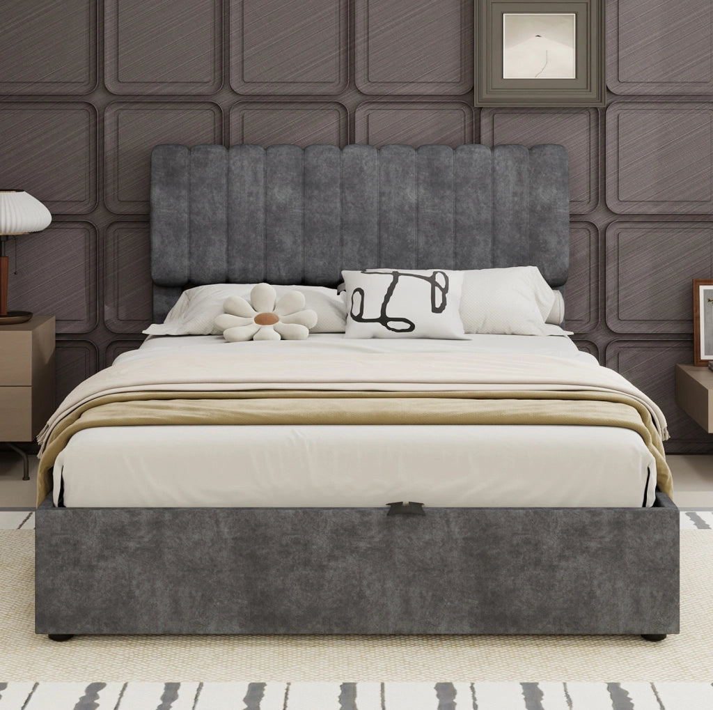 Letto matrimoniale imbottito in tessuto grigio 140x200 cm