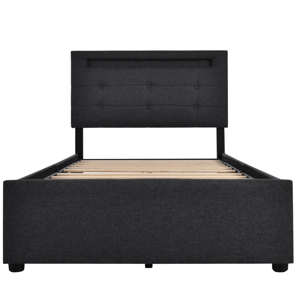 Letto singolo 90x200 cm nero con illuminazione LED e due cassetti