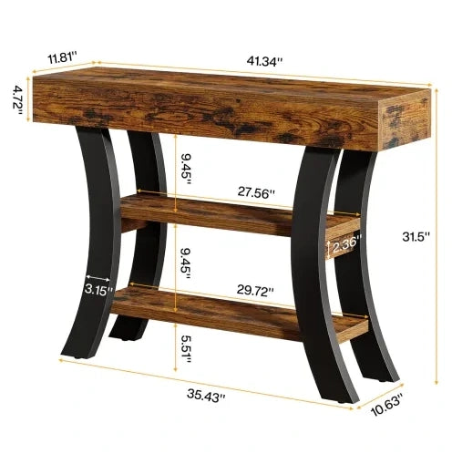 Consolle ingresso 105x30x80 cm con 3 ripiani in MDF e metallo; nero e marrone rustico