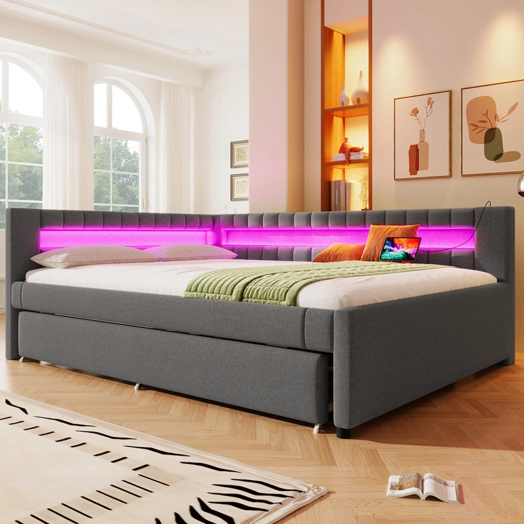 Letto con letto estraibile 140 × 200 cm con LED USB e Type-C in lino e MDF grigio