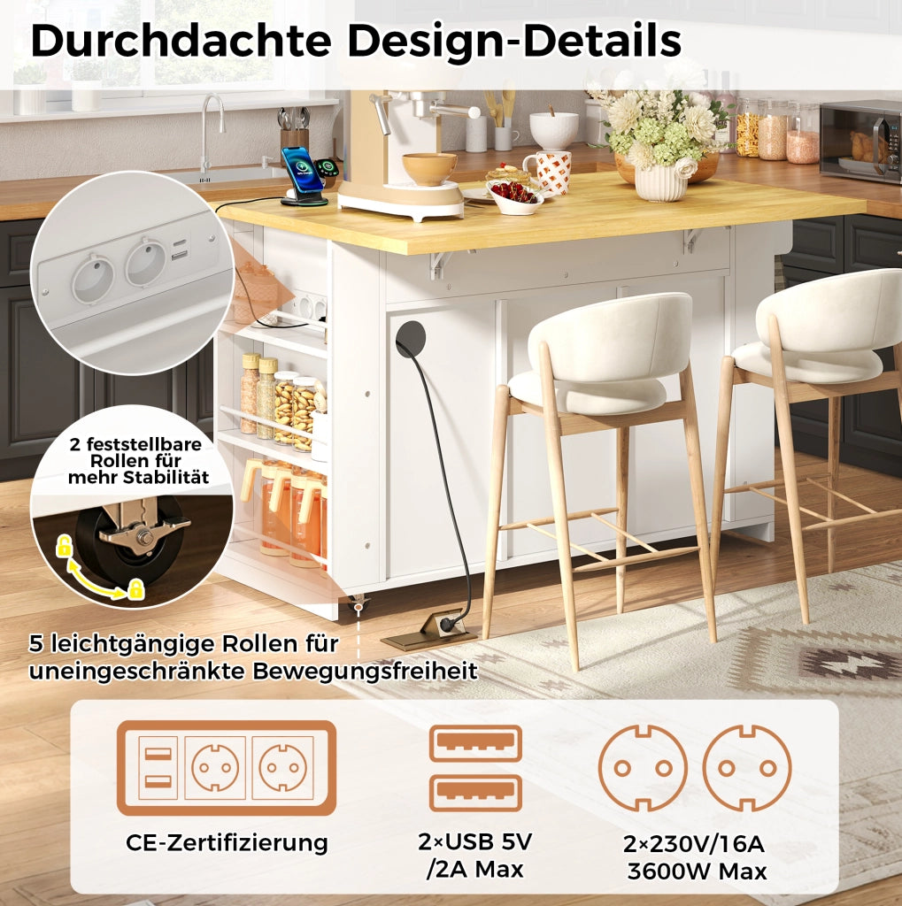 Isola cucina mobile con piano pieghevole e prese, 130x50(80)x87 cm