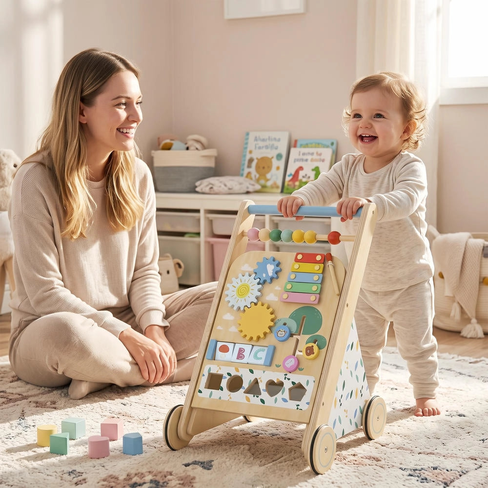 Carrello primi passi in legno naturale per bambini con centro attività e ruote regolabili, robusto e pratico