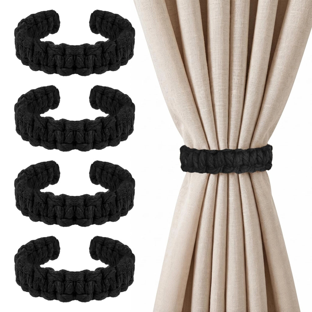 Supporti per tende, set da 4, intrecciati, neri, stile bohémien