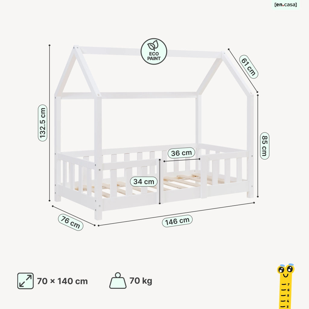 Letto per Cameretta Sisimiut a Forma di Casetta 70x140 cm Bianco [en.casa]