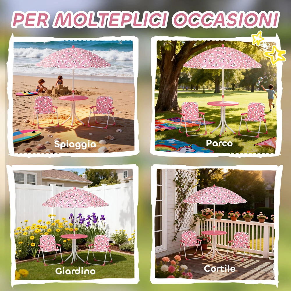 Set Tavolo da Picnic per Bambini con Sedie e Ombrellone Rosa Pratico e Resistente per Giardino
