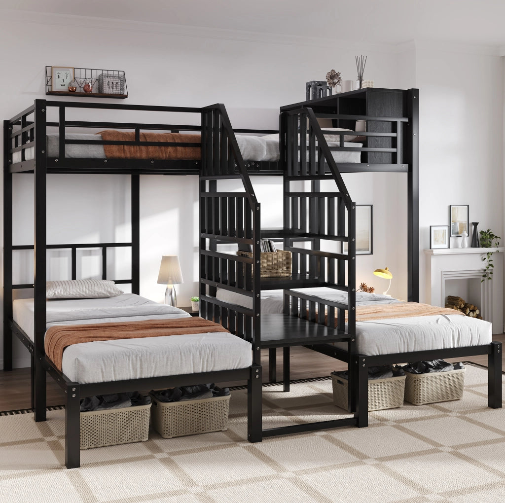 Letto a castello 3 posti 90x200 e 140x200 cm con scala e contenitore; nero