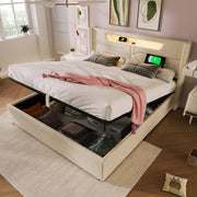 Letto matrimoniale 140x200 imbottito beige con contenitore e luce LED