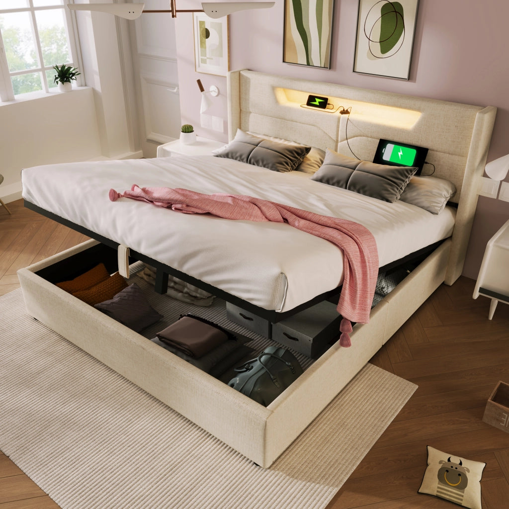 Letto matrimoniale 140x200 imbottito beige con contenitore e luce LED