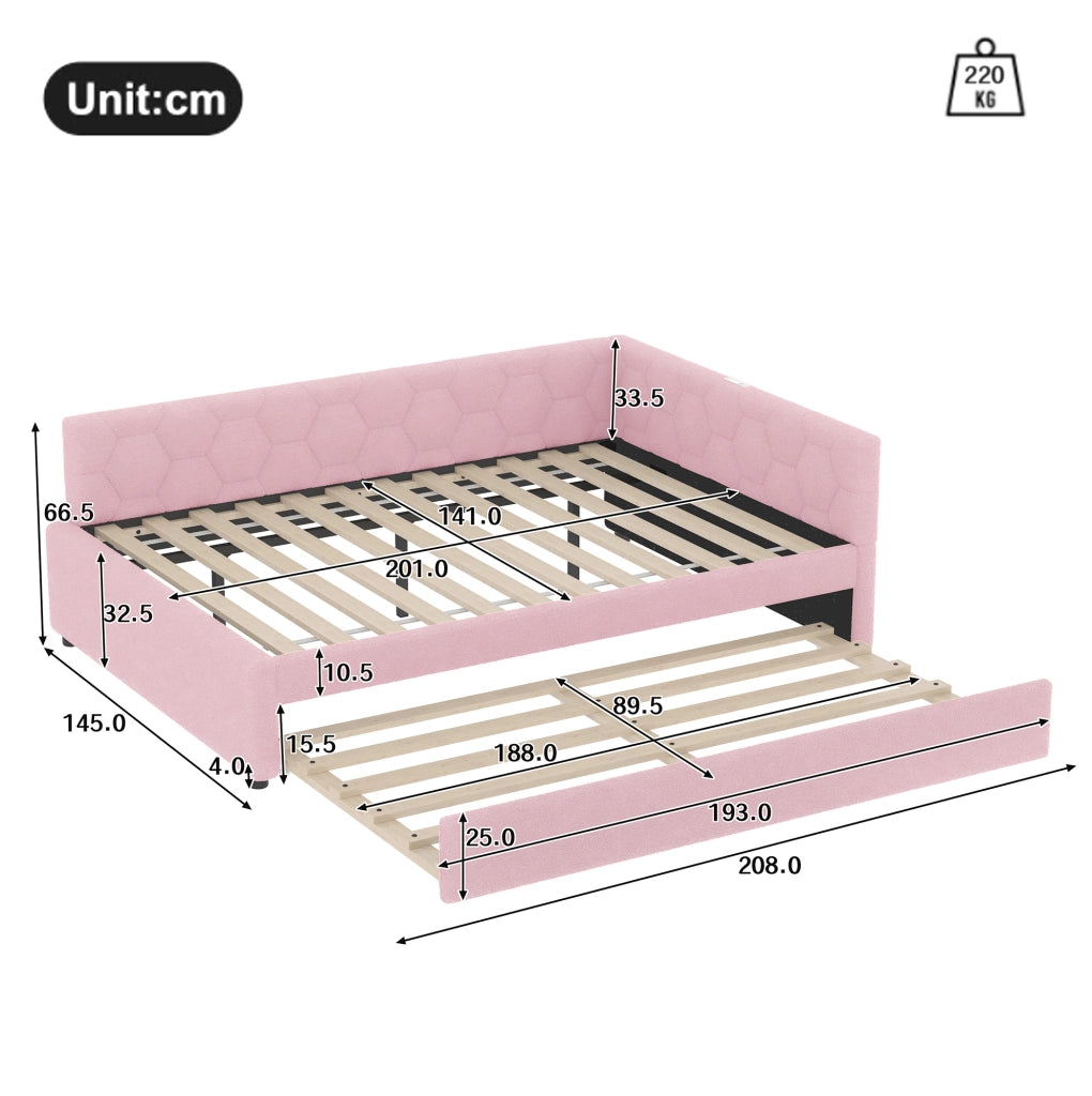 Daybed 140x200 cm con letto estraibile, USB e Type-C, lampada integrata, velluto rosa