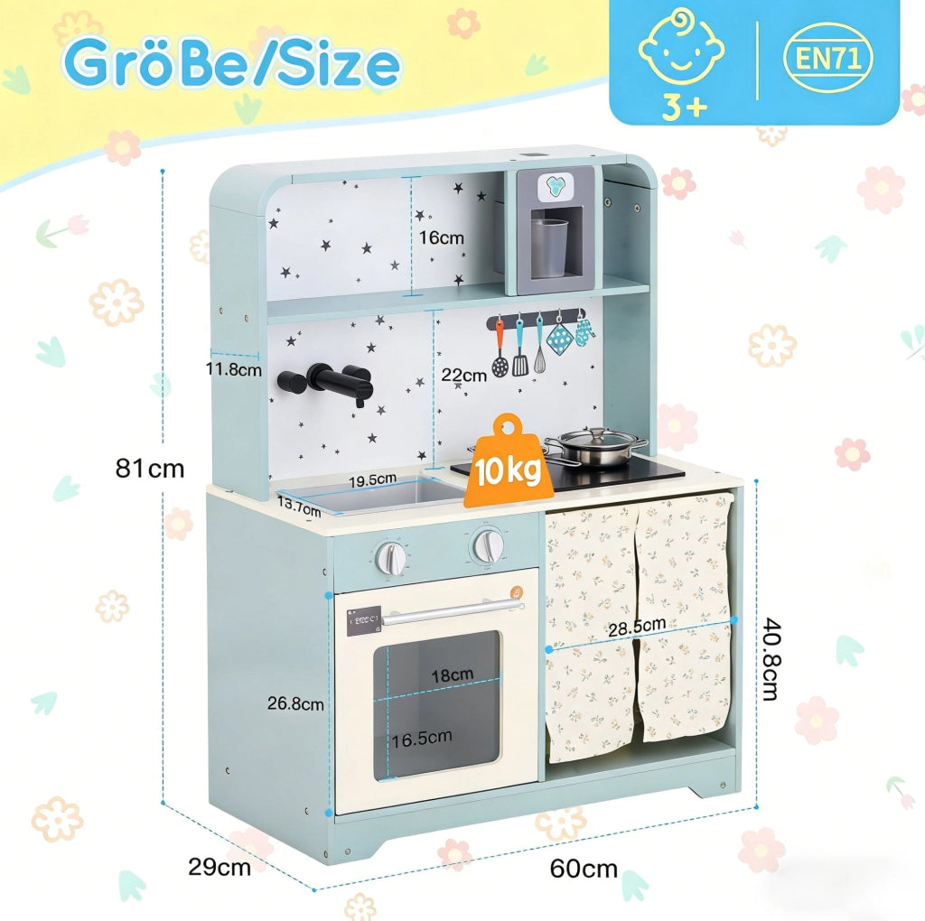 Cucina giocattolo per bambini 60x29x81 cm con microonde e accessori; blu in MDF e plastica