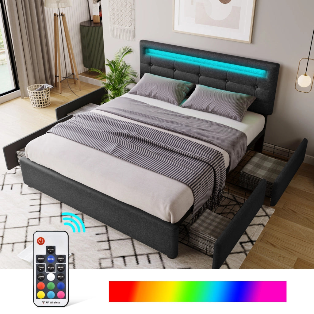 Letto matrimoniale 140x200 con 4 cassetti e testiera illuminata a LED