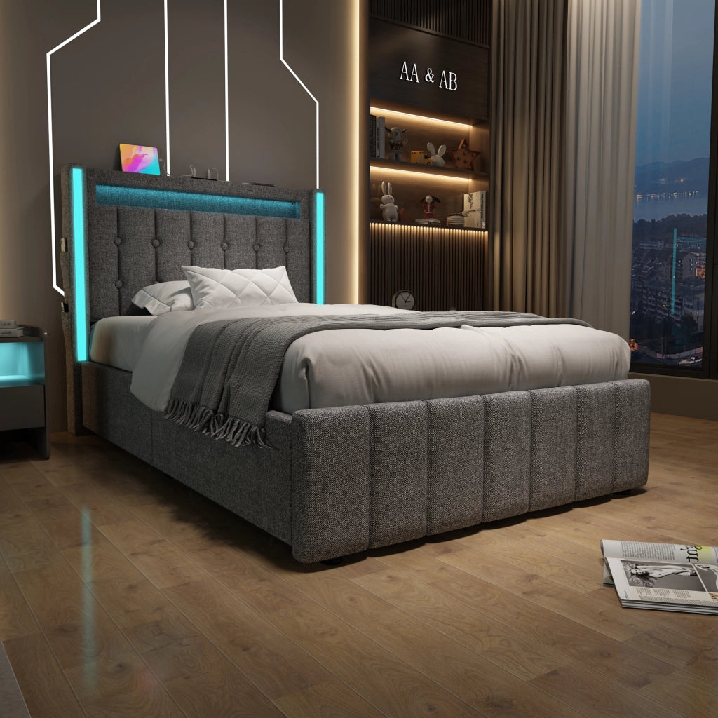 Letto singolo imbottito 90 × 200 cm grigio con LED USB tipo C e due cassetti