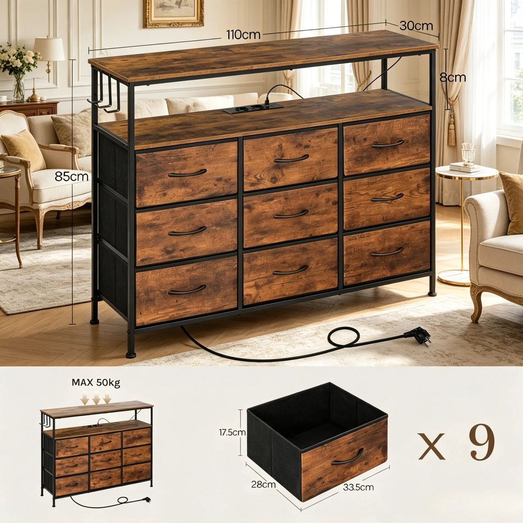 Mobile contenitore con 9 cassetti 2 ripiani presa multipla LED 110 × 85 × 30 cm marrone rustico e nero