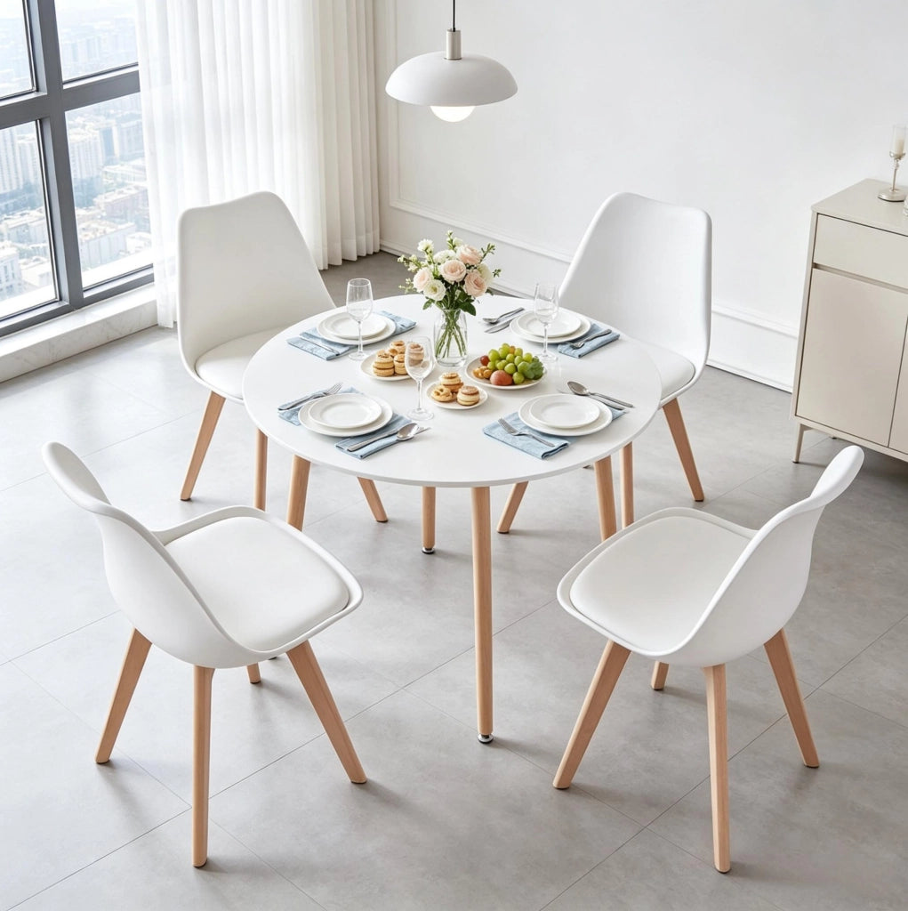 Set tavolo rotondo e 4 sedie bianco e legno