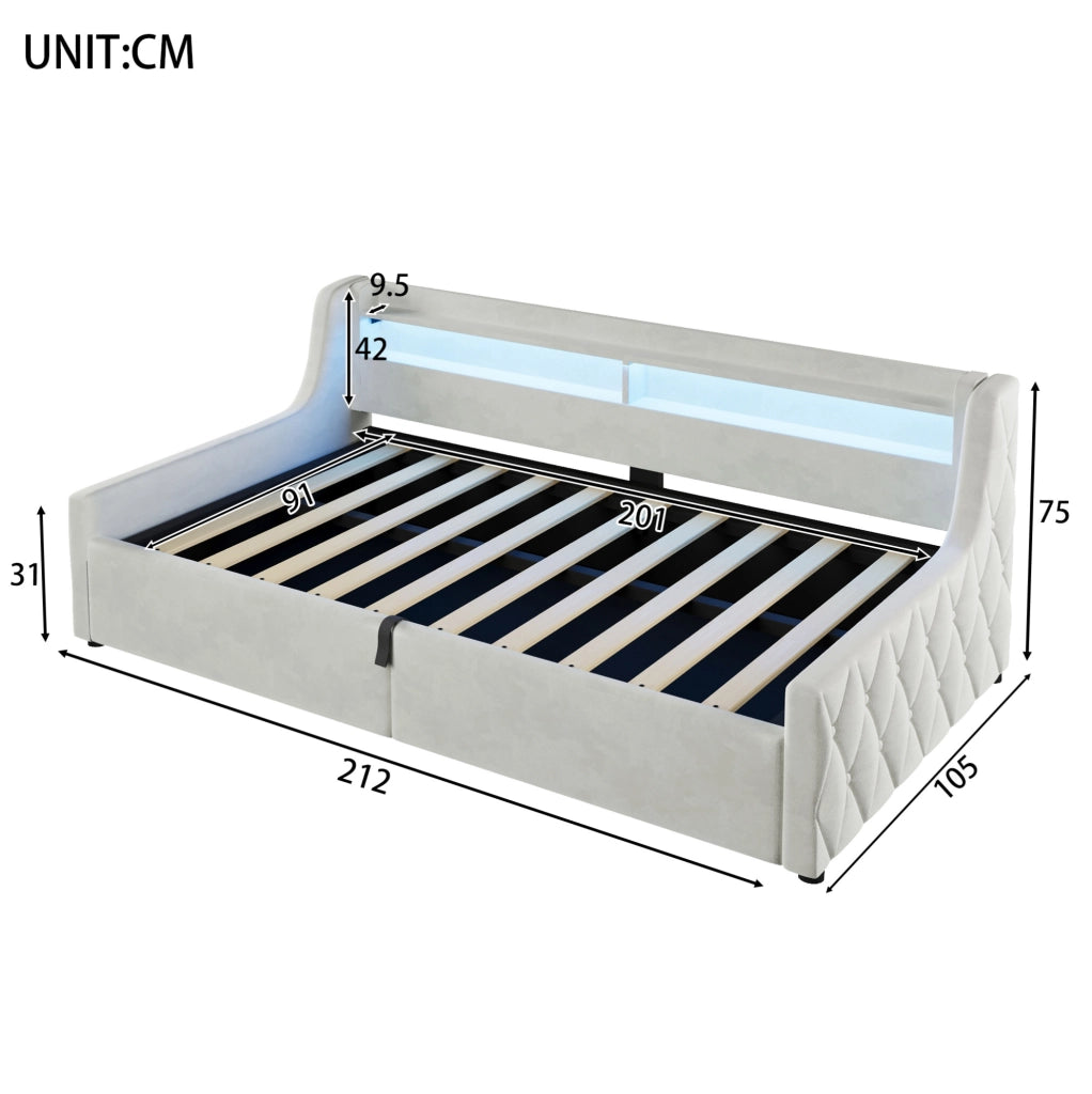 Letto singolo contenitore 90x200 cm con LED, bianco sporco