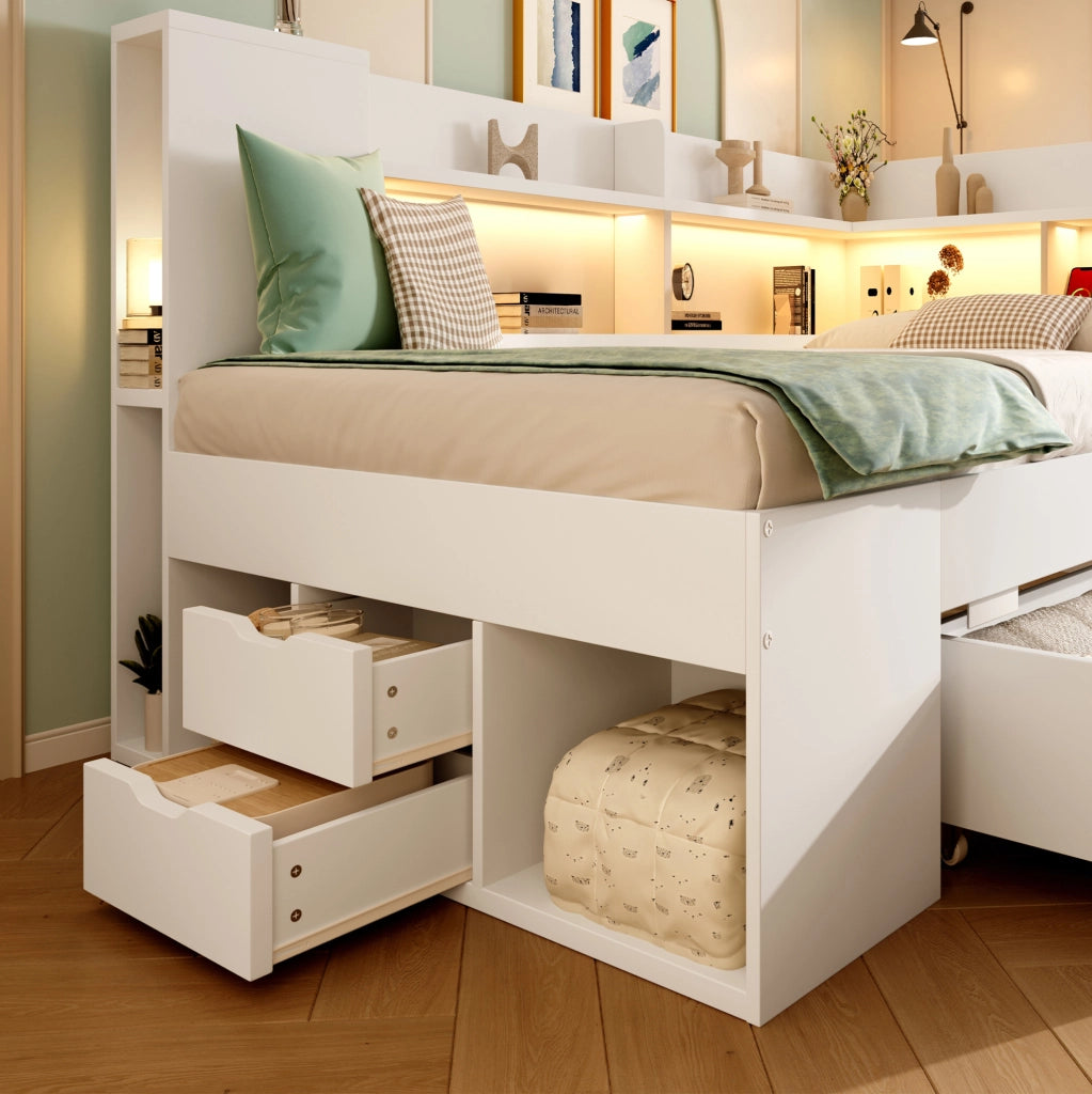 Letto singolo 90x200 cm in legno bianco con LED, USB e Type-C, contenitore e ripiani