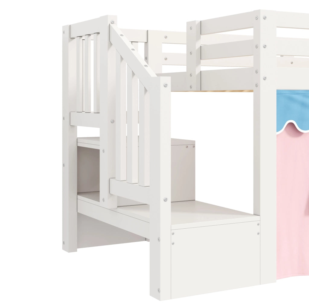 Letto semi-alto 90x200 cm con LED, tende e mobile scala