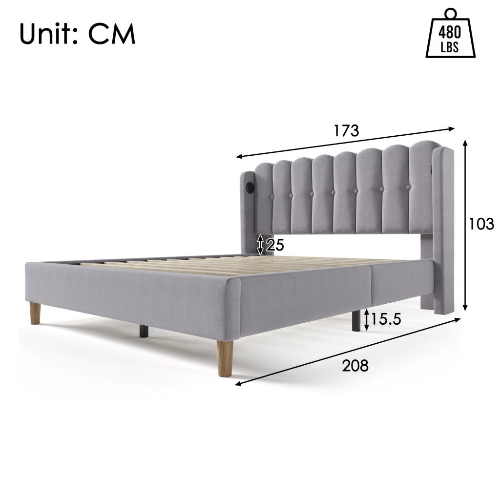 Letto matrimoniale imbottito grigio 160x200 cm con prese USB e Tipo-C