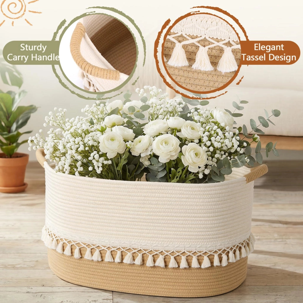 Cesto portaoggetti con frange, in cotone, 38x26x22 cm