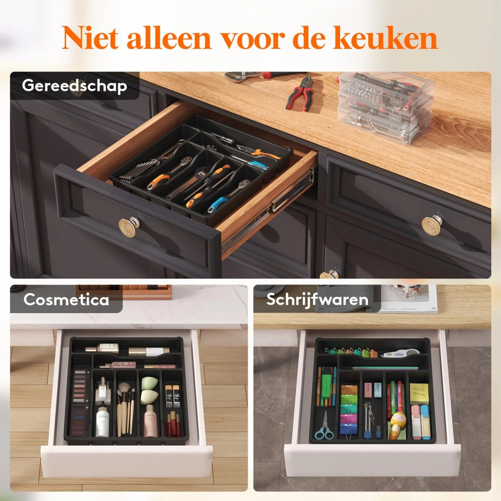 Organizzatore per cassetti delle posate, 7 scomparti, plastica, nero