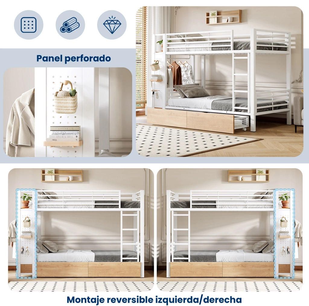 Letto a castello 90x200 cm bianco con cassetti e luce LED