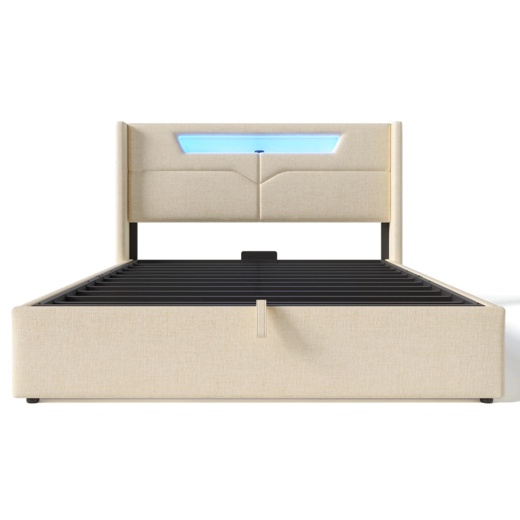 Letto matrimoniale 140x200 imbottito beige con contenitore e luce LED
