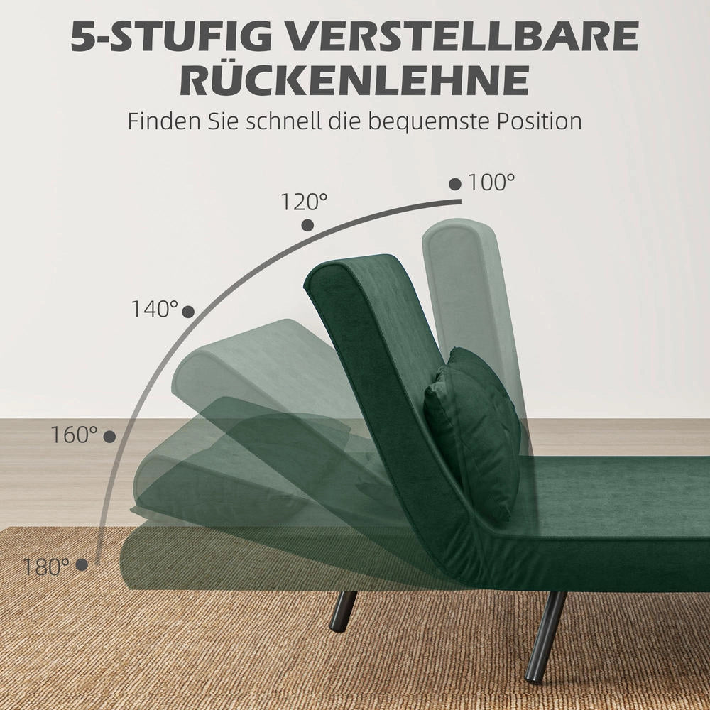 Divano letto 4 in 1 a 2 posti in tessuto effetto velluto verde 183x98,5cm, schienale regolabile salvaspazio per casa