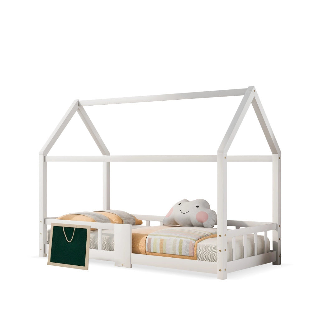 Letto casetta per bambini 90 x 200 cm bianco con lavagna
