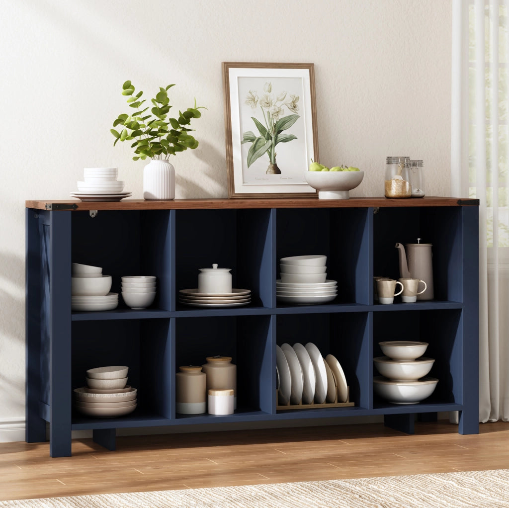 Libreria orizzontale blu in MDF con 8 vani, 140x34x75 cm