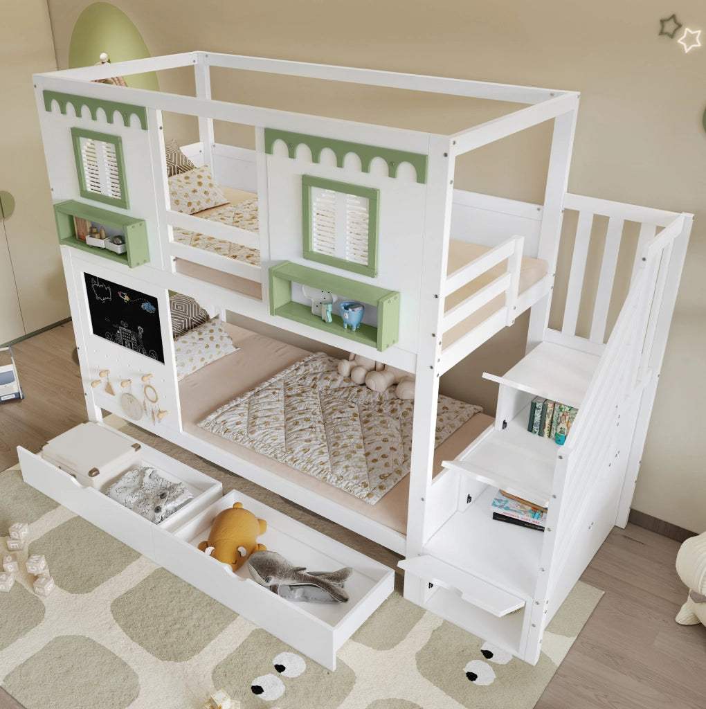 Letto a castello per bambini 90x200 cm con scala contenitore e cassetti; bianco e verde