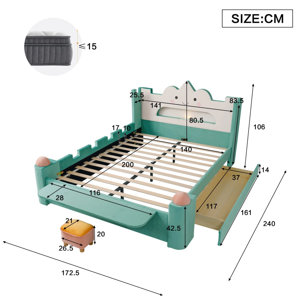 Letto imbottito per bambini 140x200 cm con cassetto; USB e lampada LED; blu-verde